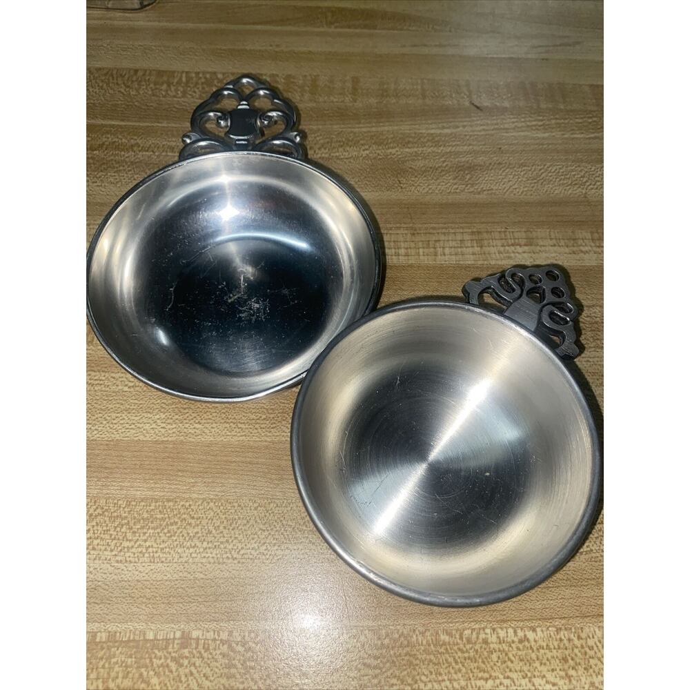 2 Royal Holland & Woodbury Pewter Porringer Bowl Dish Ornate Handles Unmatched